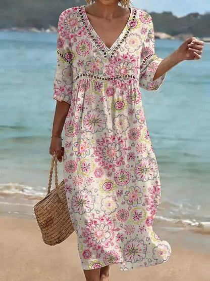 Women's comfortable dress made from a cotton-linen blend with a print