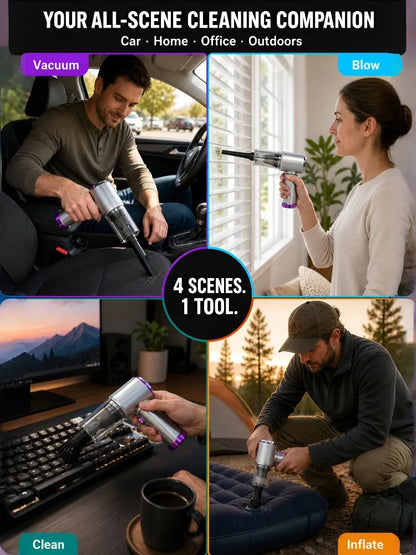 Blow Hidden Dirt Out, Vacuum It Up, Inflate & Deflate—in Seconds with One German-Precision 4-in-1 Car Detailer.